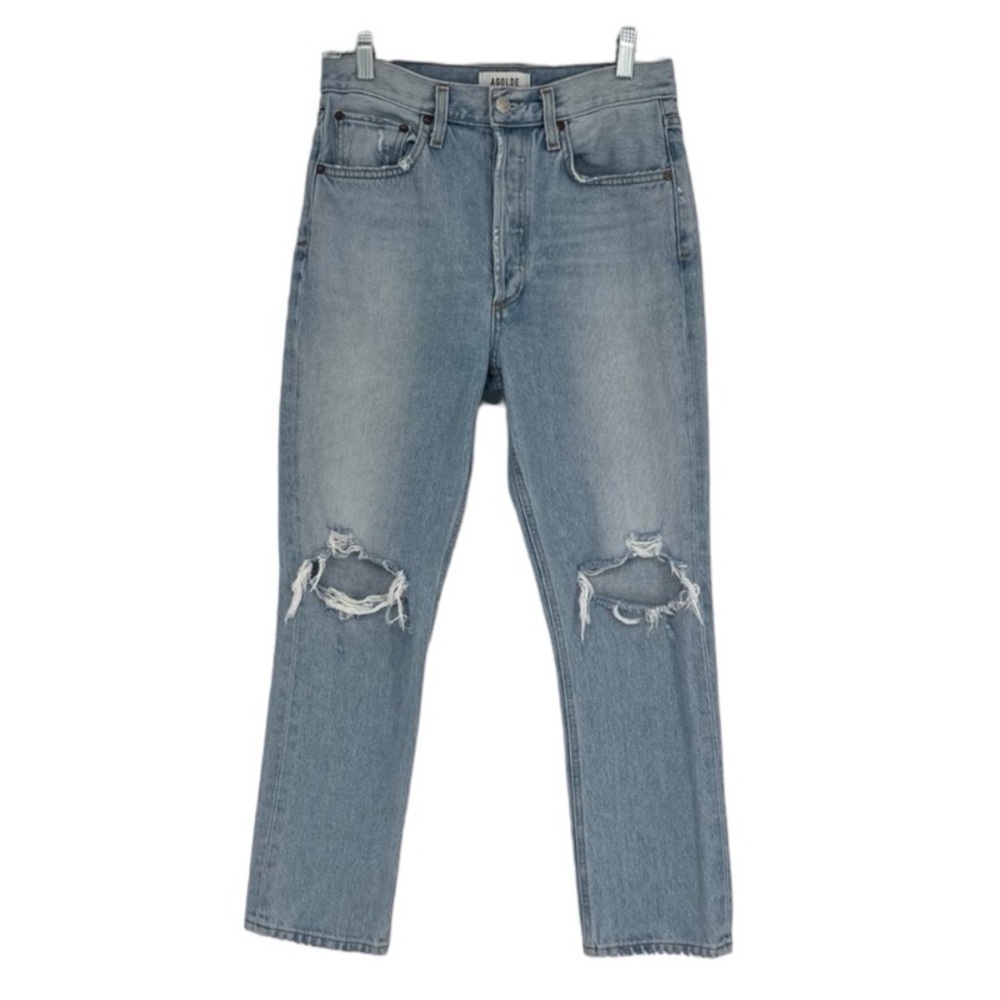 AGOLDE Riley High Rise Straight Crop Light Wash Distressed Denim Jeans 27